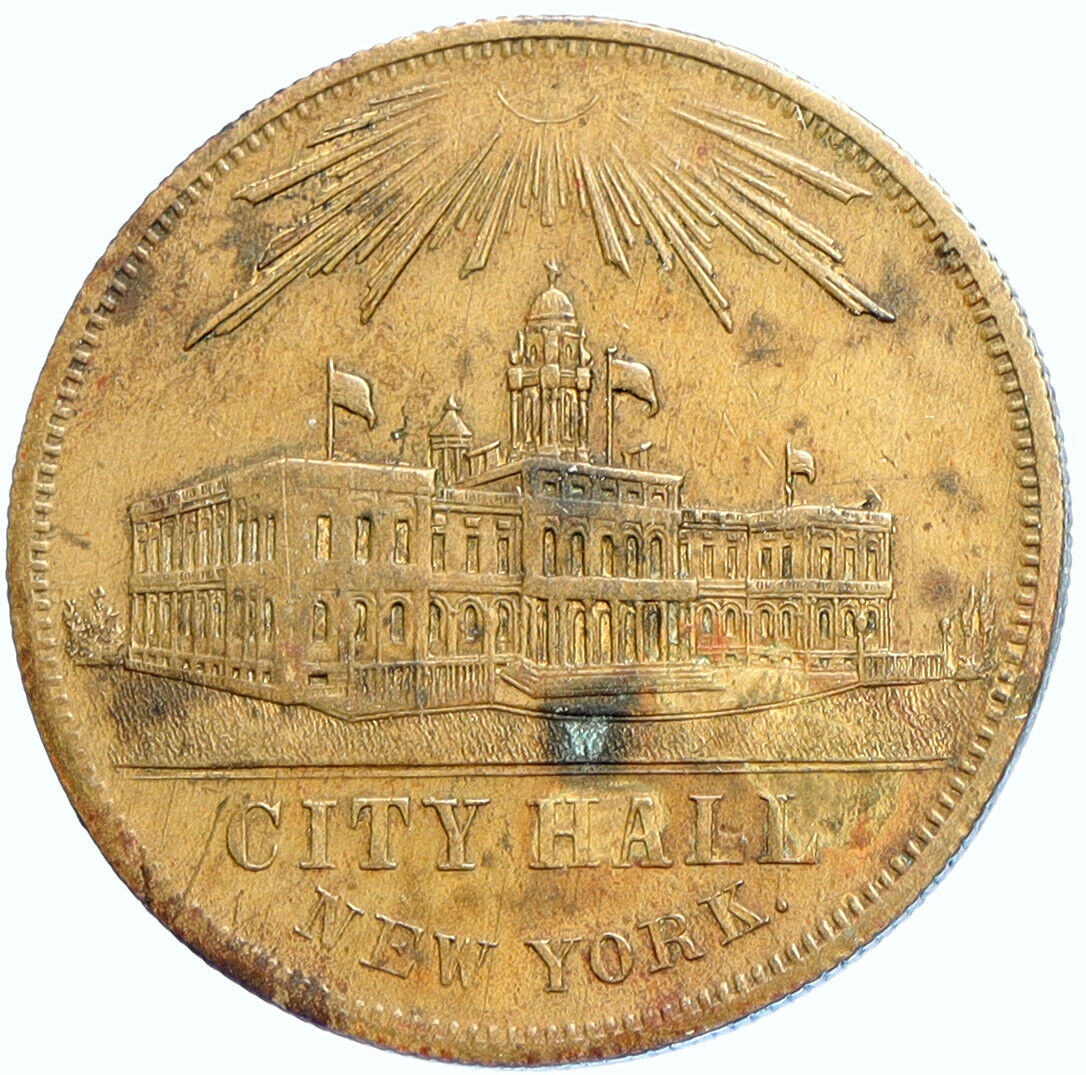 1856 United States US NY New York City Hall ANTIQUE OLD Vintage Medal i113249