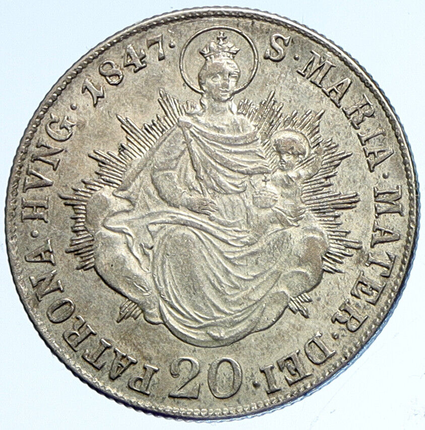 1847 B HUNGARY King Ferdinand V MADONNA Antique Silver 20 Krajczar Coin i113254