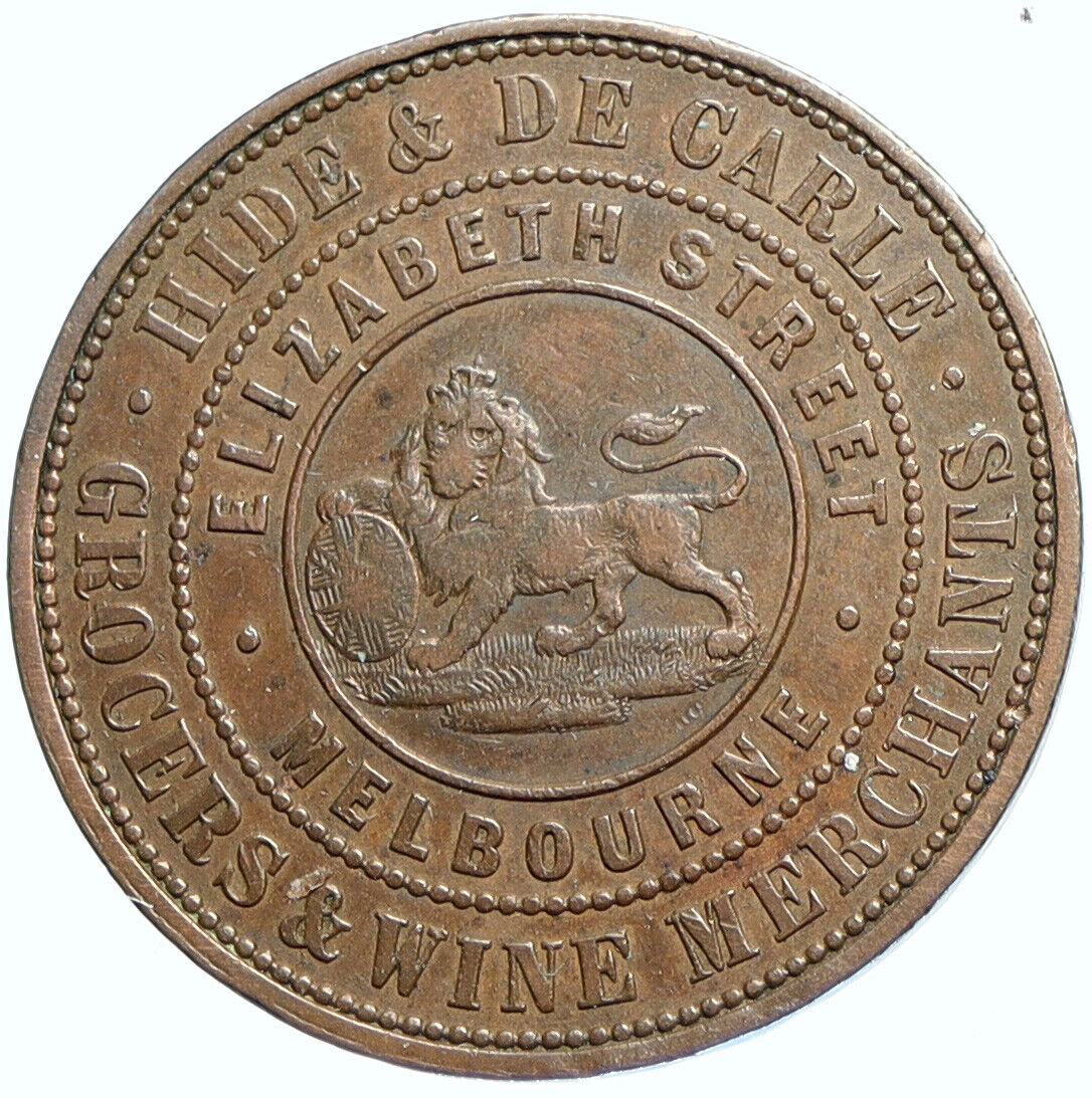 1857 AUSTRALIA Melbourne Victoria HIDE DE CARLE GROCER Penny Trade Token i113267