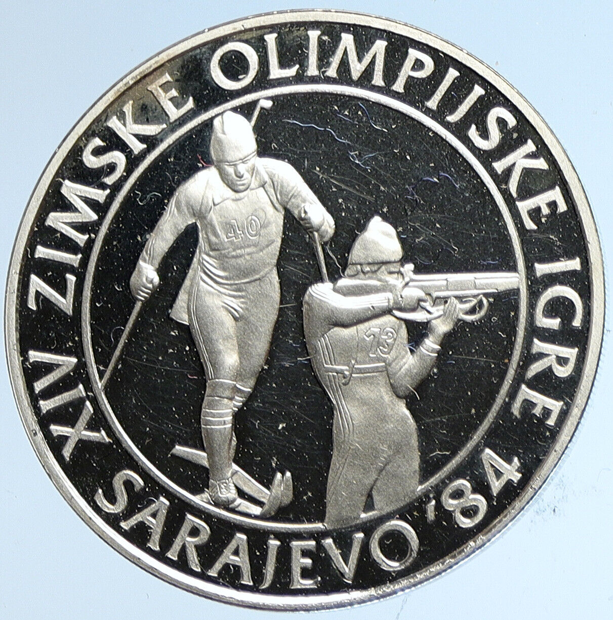 1983 YUGOSLAVIA '84 Winter Olympic SARAJEVO Biathlon PF Silver 500D Coin i113258