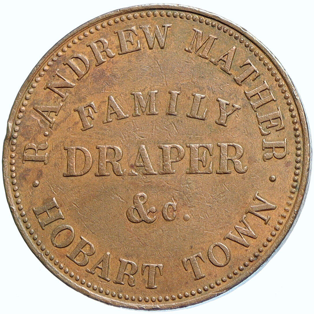 1858 AUSTRALIA Tasmania MATHER Family Draper HOBART TOWN Penny Token i113266