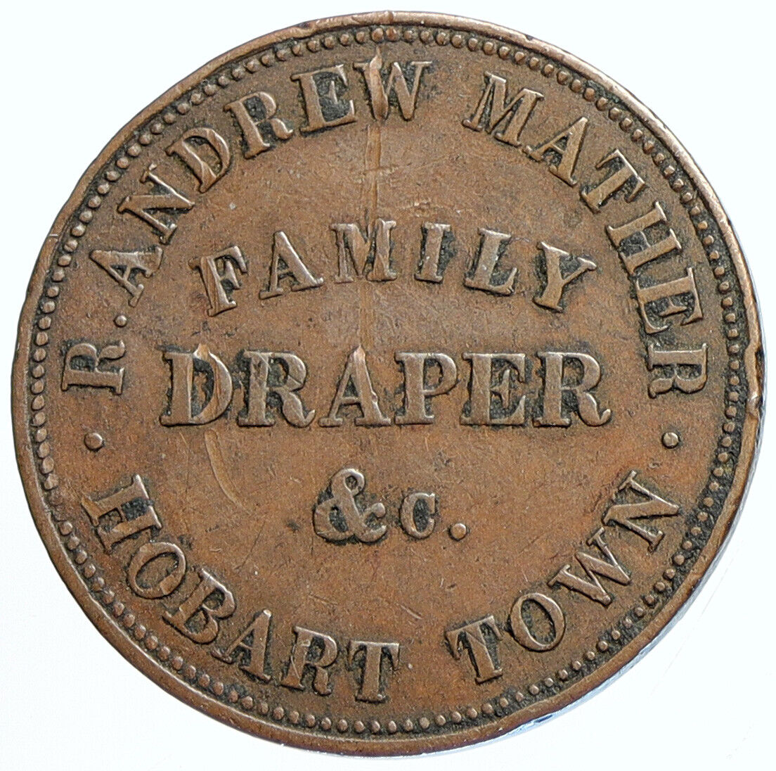 1855-60 AUSTRALIA Tasmania MATHER Family Draper HOBART TOWN Penny Token i113274