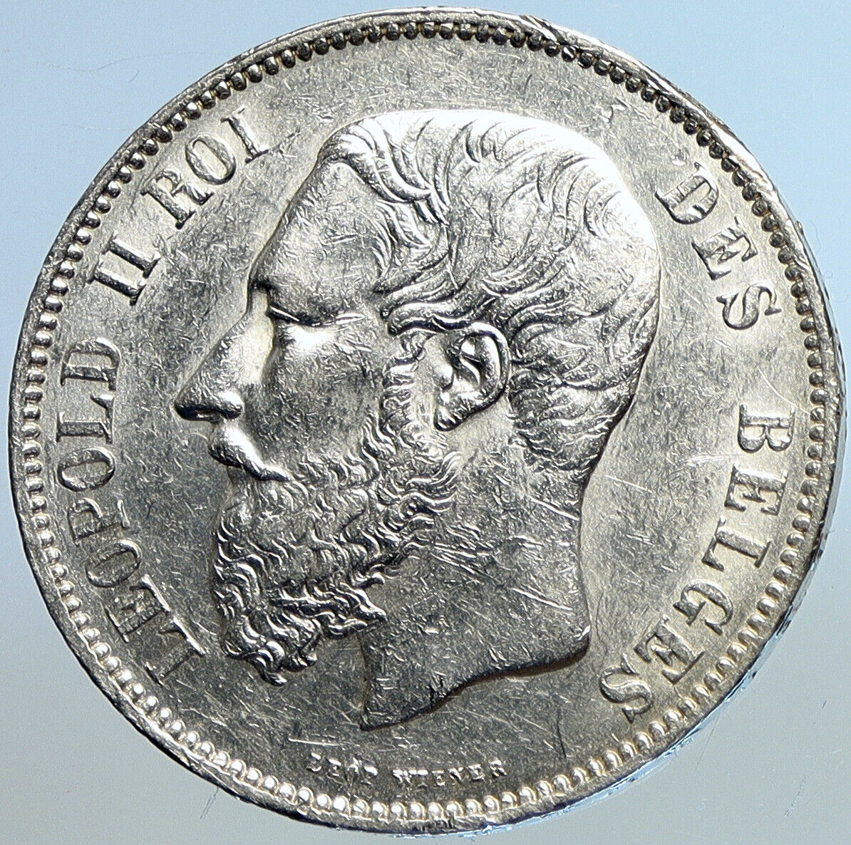 1874 BELGIUM with King LEOPOLD II and LION Genuine Silver 5 Francs Coin i113282