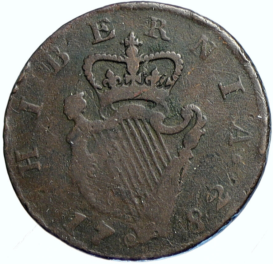 1782 IRELAND UK King George III Antique Lyre VINTAGE OLD 1/2 Penny Coin i113281