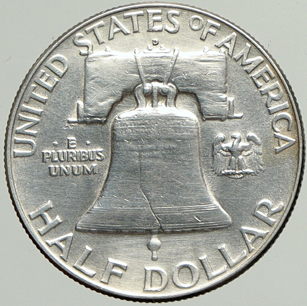 1952 D US Benjamin Franklin LIBERTY BELL Vintage Silver Half Dollar Coin i113350