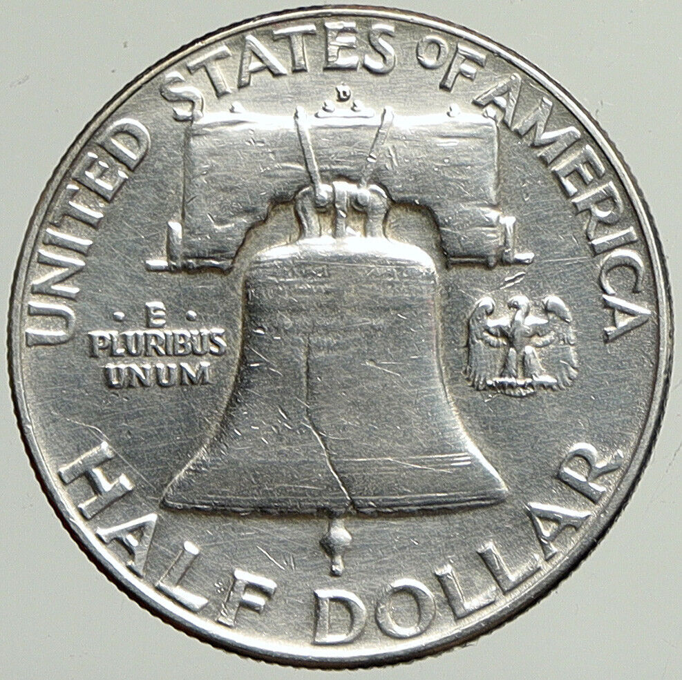 1954 D US Benjamin Franklin LIBERTY BELL Vintage Silver Half Dollar Coin i113356