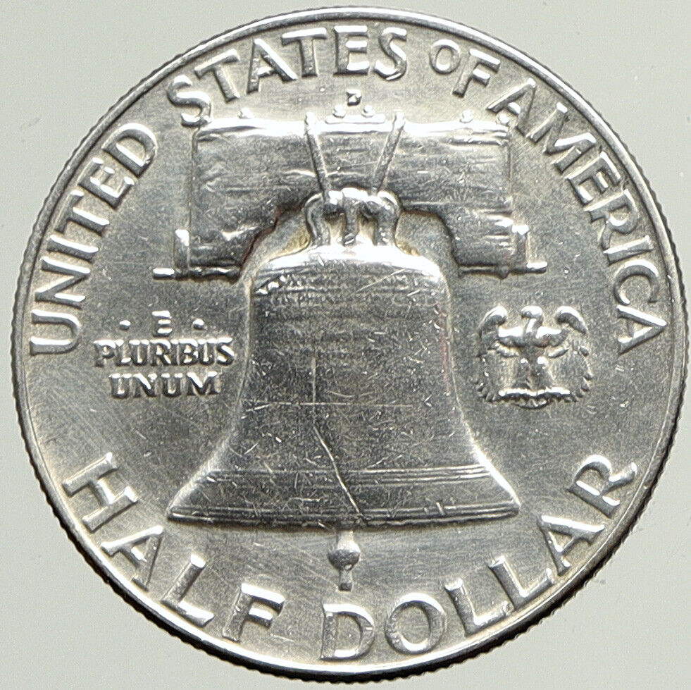 1957 D US Benjamin Franklin LIBERTY BELL Vintage Silver Half Dollar Coin i113361