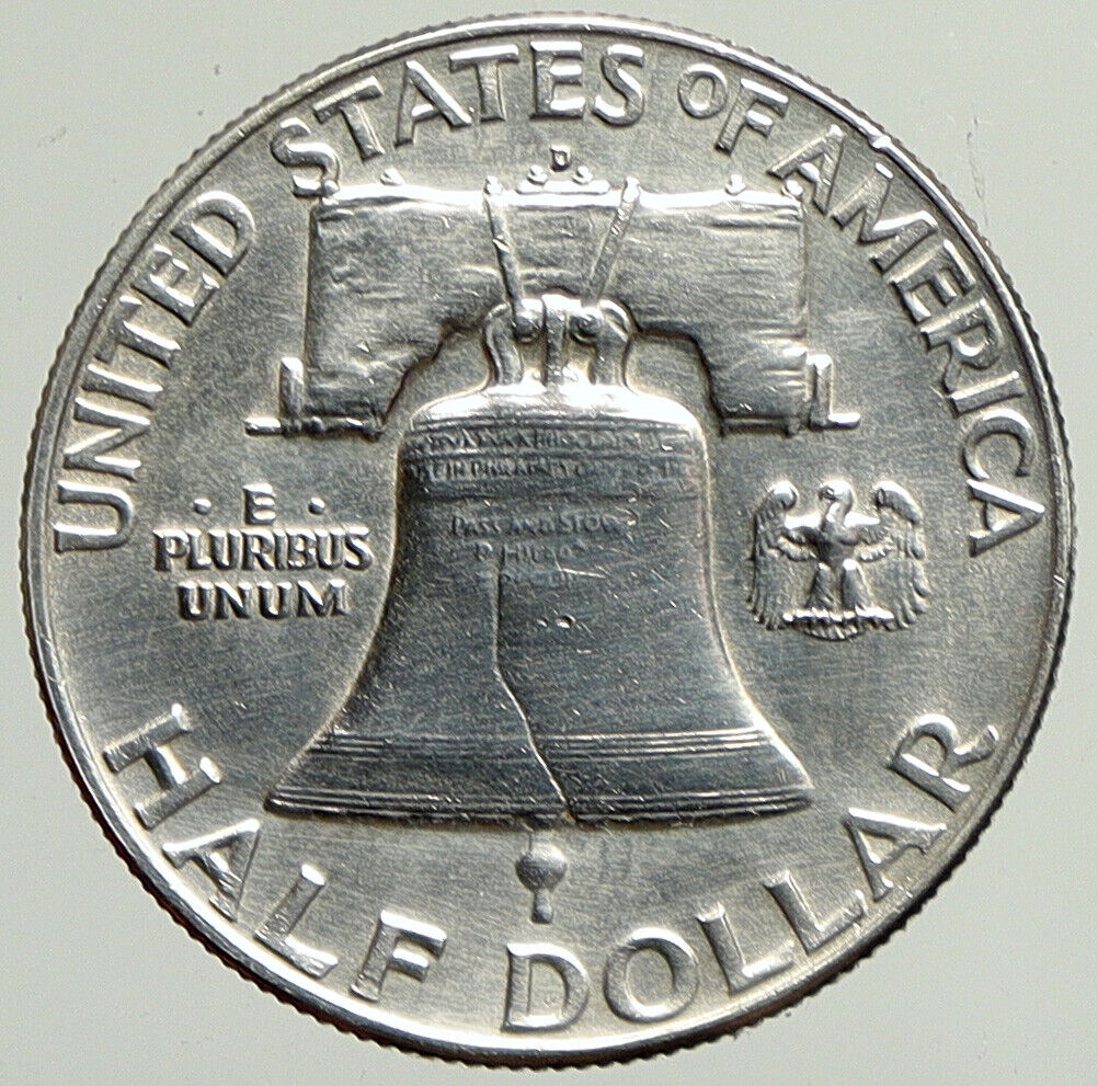 1953 D US Benjamin Franklin LIBERTY BELL Vintage Silver Half Dollar Coin i113354