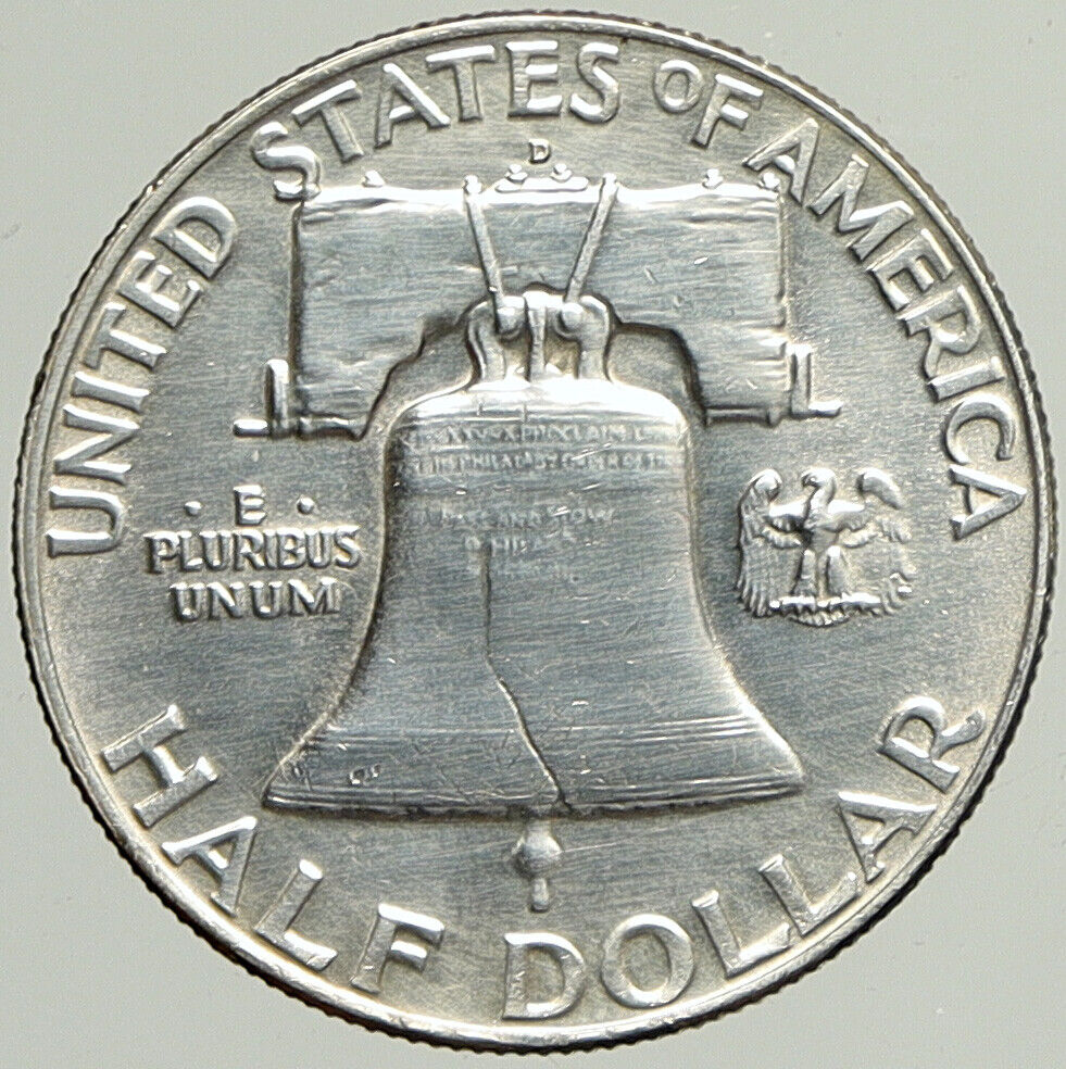 1958 D US Benjamin Franklin LIBERTY BELL Vintage Silver Half Dollar Coin i113363