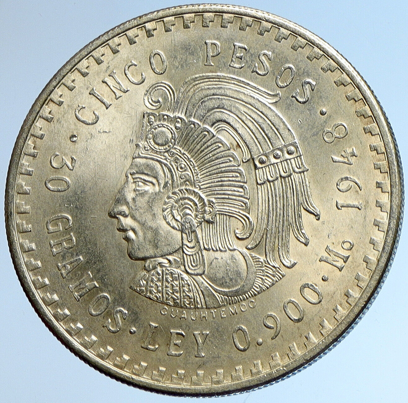 1948 MEXICO Aztec Chieftain CUAUHTEMOC Eagle VINTAGE Silver 5 Peso Coin i113406
