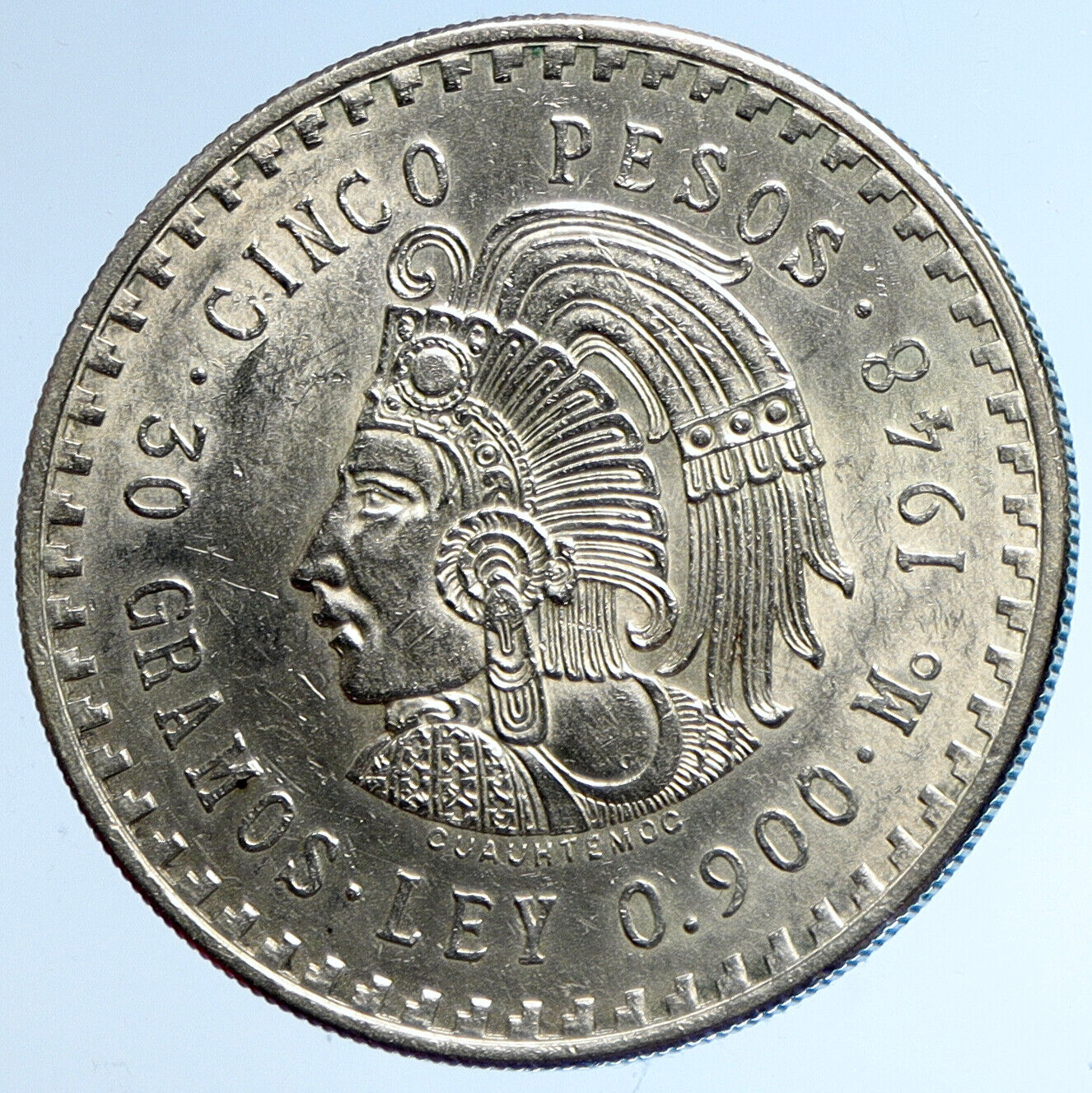 1948 MEXICO Aztec Chieftain CUAUHTEMOC Eagle VINTAGE Silver 5 Peso Coin i113394