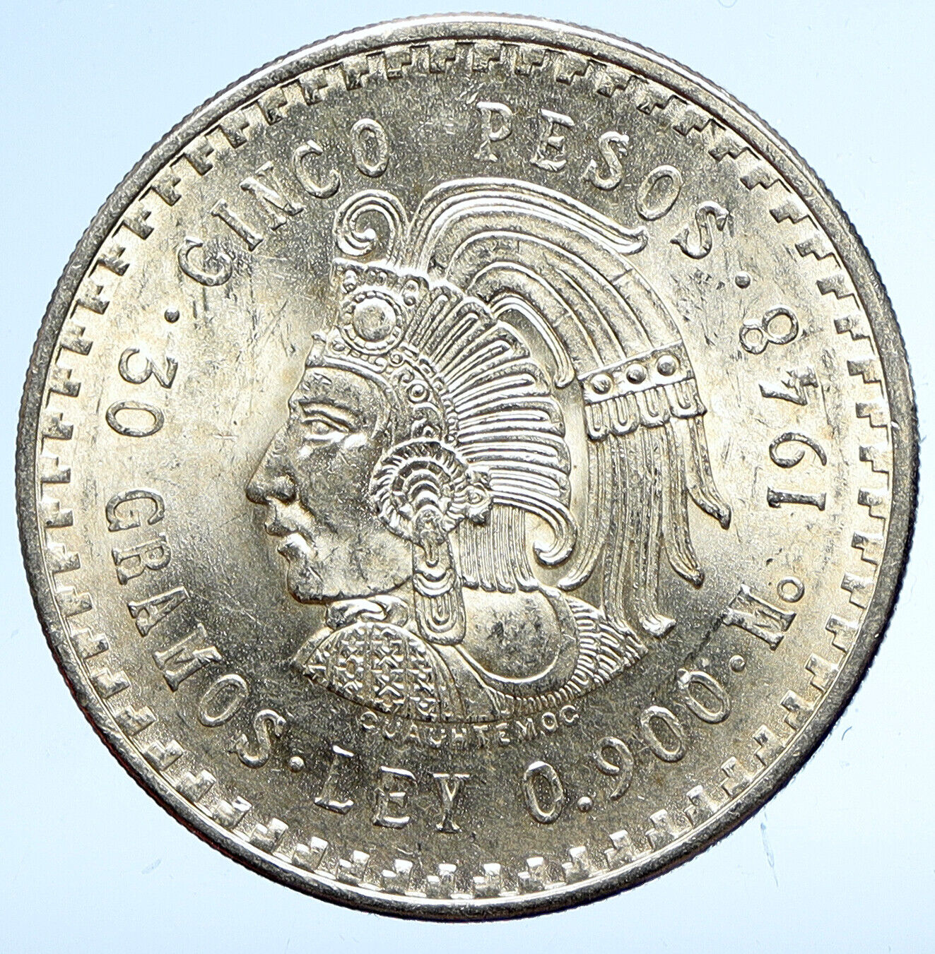 1948 MEXICO Aztec Chieftain CUAUHTEMOC Eagle VINTAGE Silver 5 Peso Coin i113381