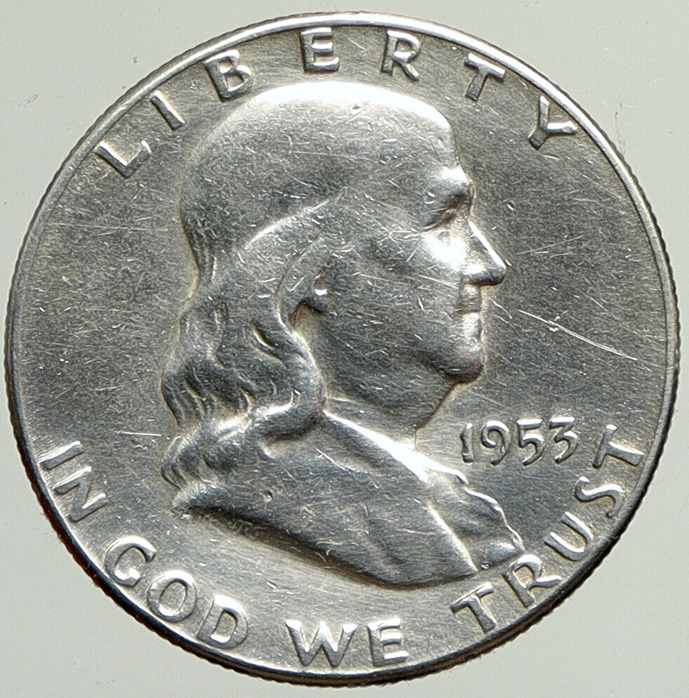 1953S USA Benjamin Franklin LIBERTY BELL Vintage Silver Half Dollar Coin i113355