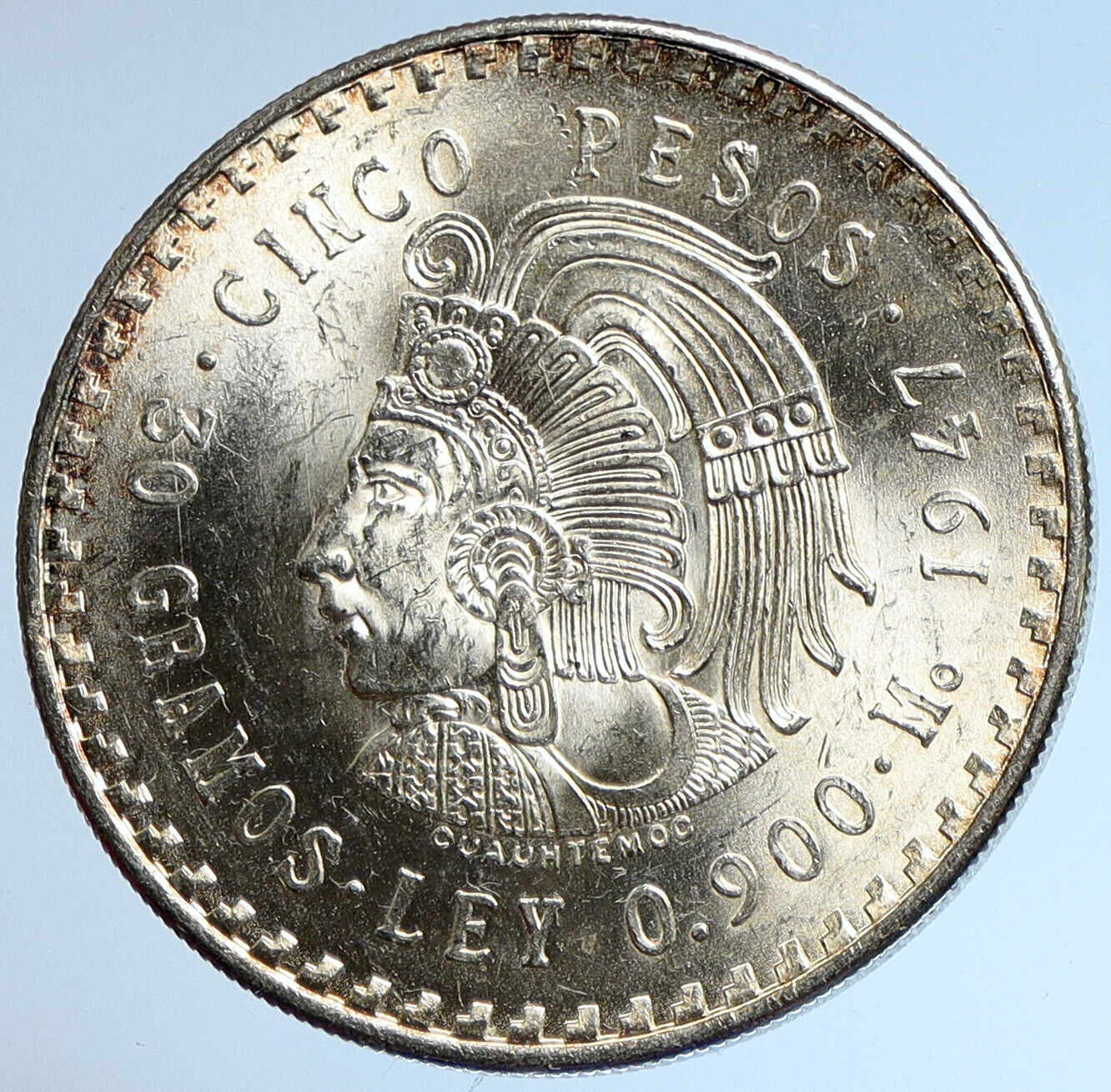 1947 MEXICO Aztec Chieftain CUAUHTEMOC Eagle VINTAGE Silver 5 Peso Coin i113390