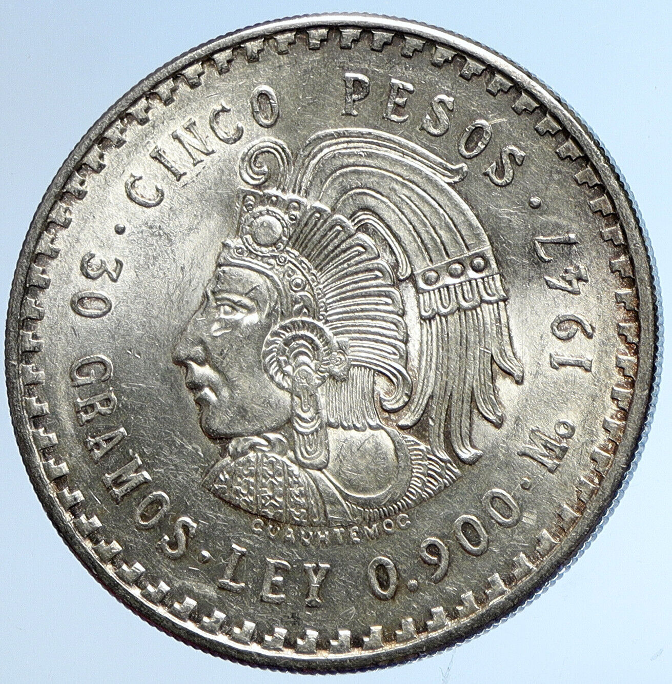 1947 MEXICO Aztec Chieftain CUAUHTEMOC Eagle VINTAGE Silver 5 Peso Coin i113405