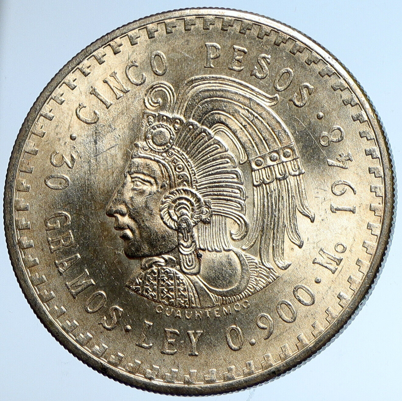 1948 MEXICO Aztec Chieftain CUAUHTEMOC Eagle VINTAGE Silver 5 Peso Coin i113389