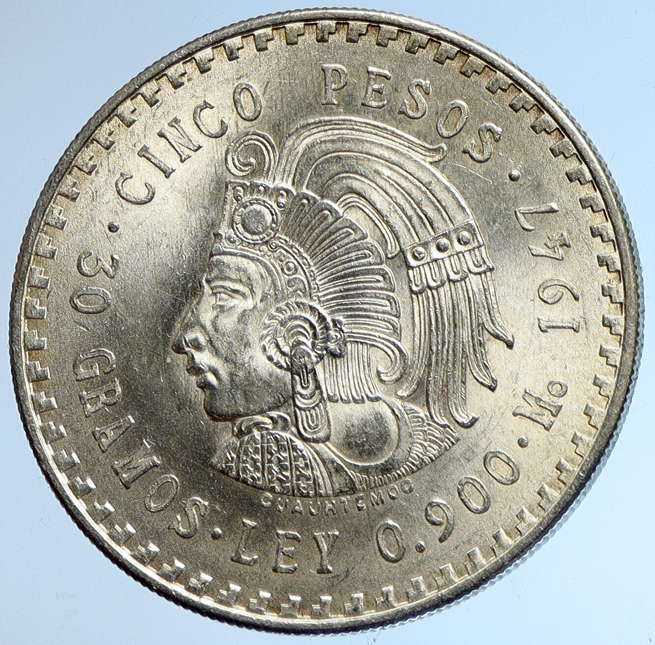 1947 MEXICO Aztec Chieftain CUAUHTEMOC Eagle VINTAGE Silver 5 Peso Coin i113392