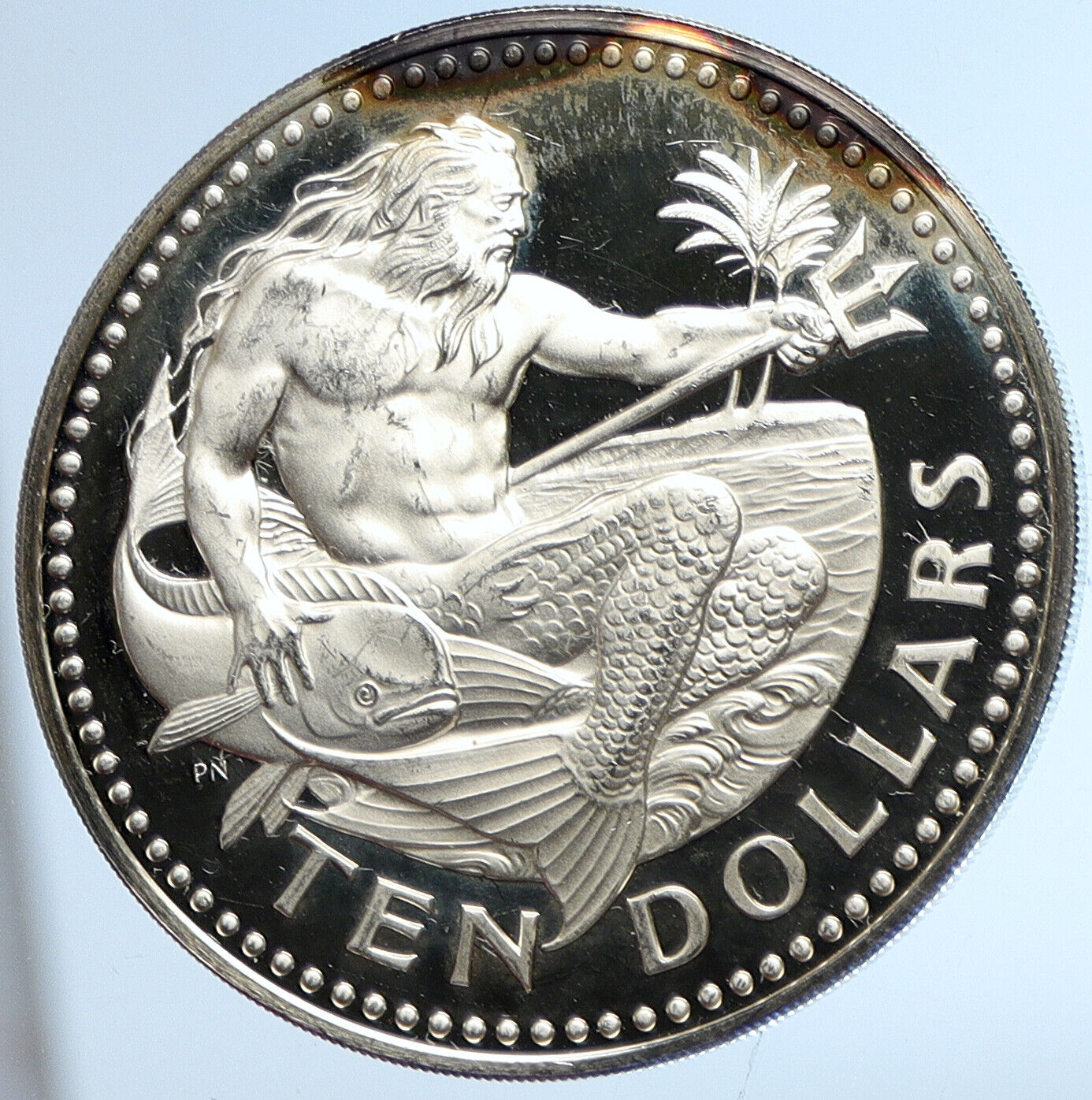 1974 BARBADOS Huge VINTAGE NEPTUNE Old Proof Silver 10 Dollars Coin i113383