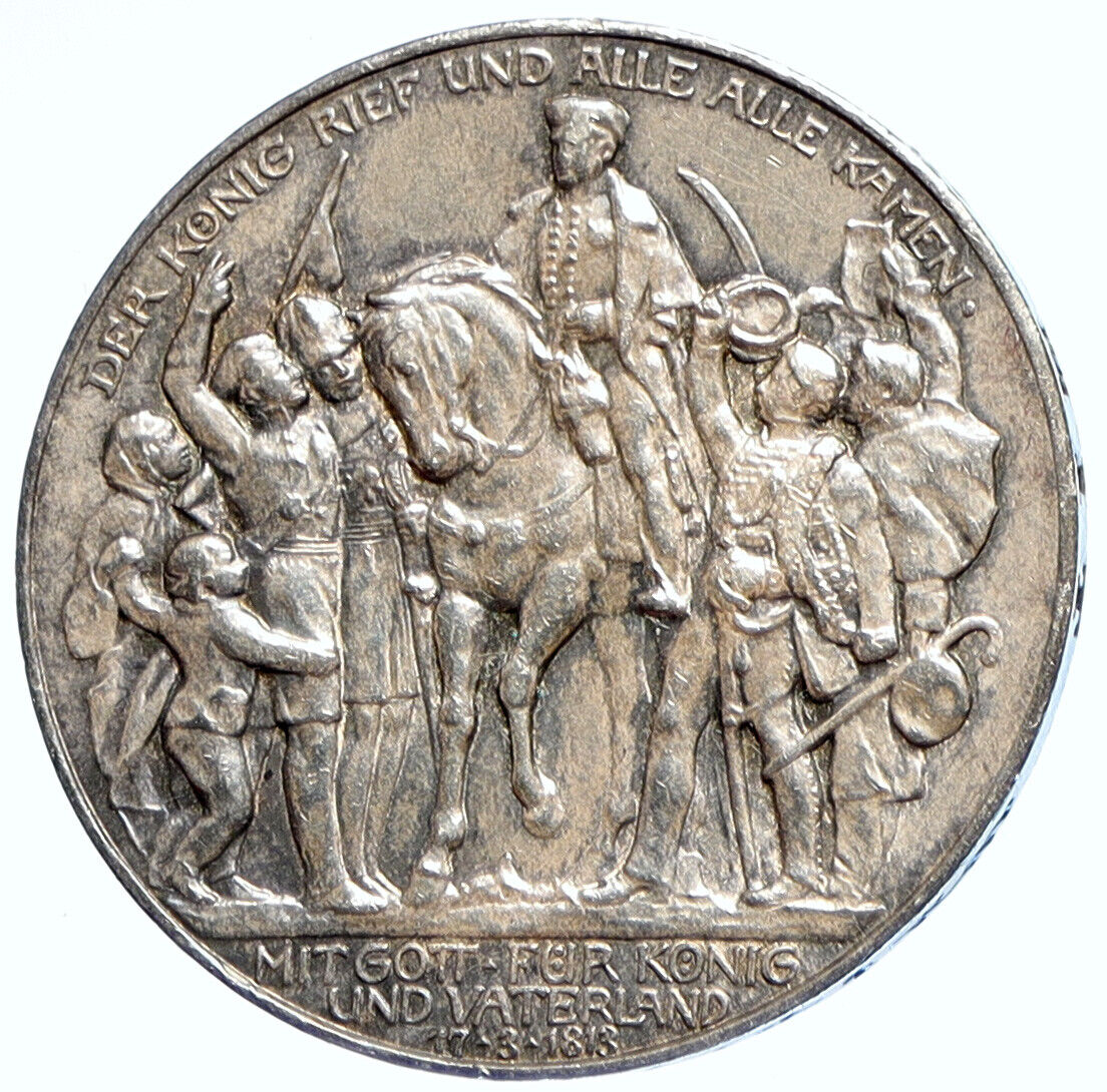 1913 GERMANY William III Prussia War NAPOLEON Rare Silver 3 Mark Coin i113385