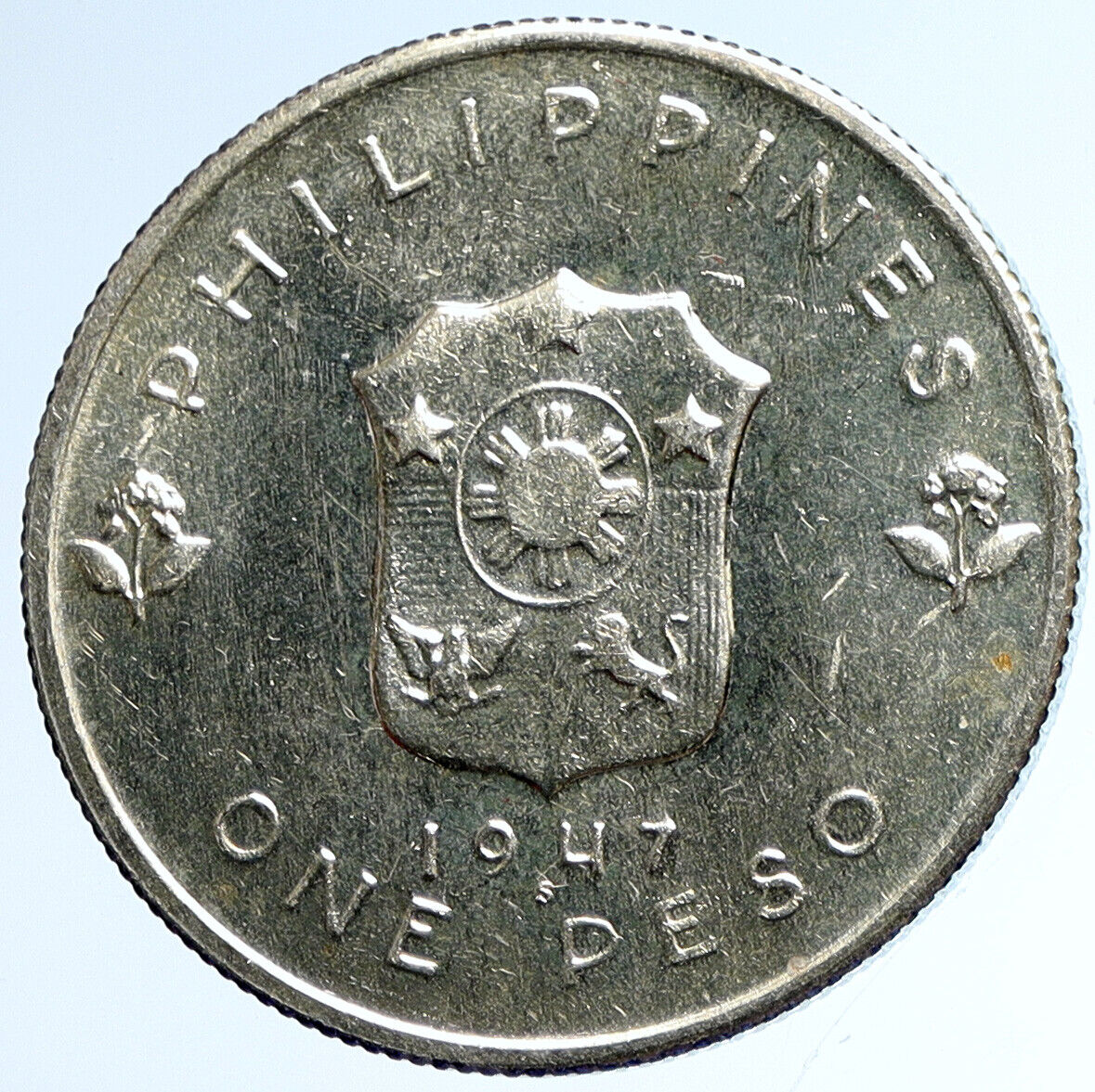 1947 S PHILIPPINES US WWII General DOUGLAS MACARTHUR Silver Peso Coin i113388