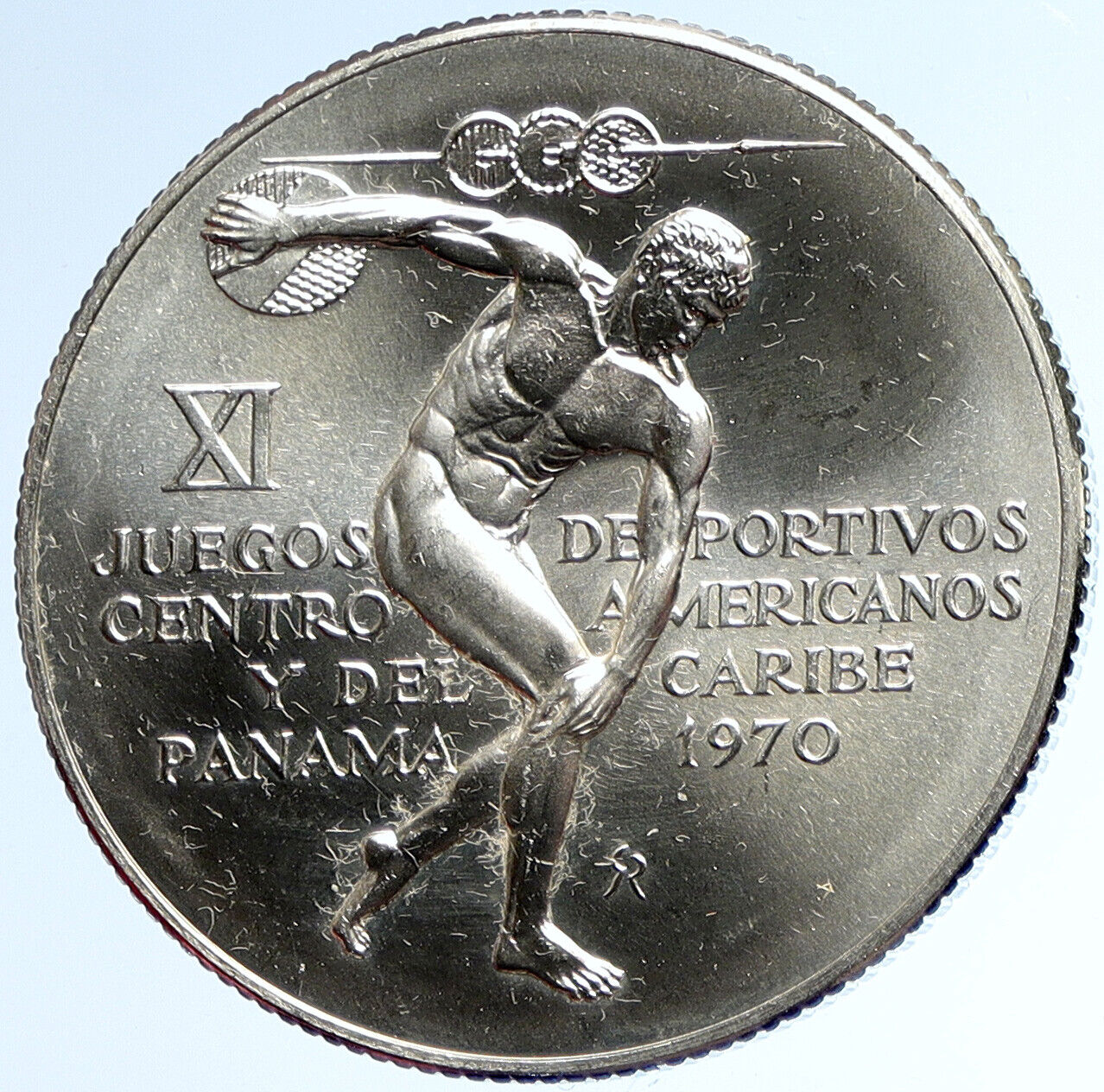 1970 PANAMA Olympic Games GREEK DISC THROW ATHLETE Silver 5 Bolivar Coin i113401