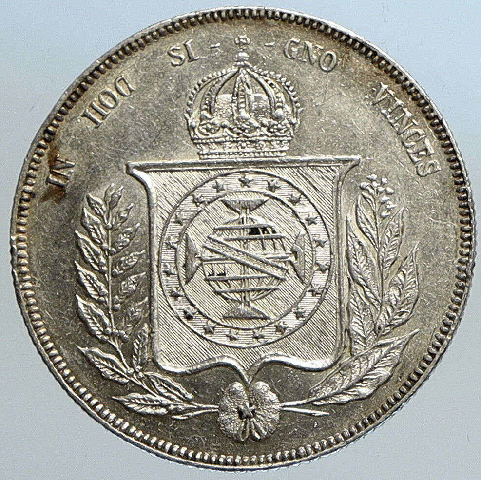 1859 BRAZIL Coat-Of-Arms Genuine Antique Silver 1000 Reis Brazilian Coin i113331