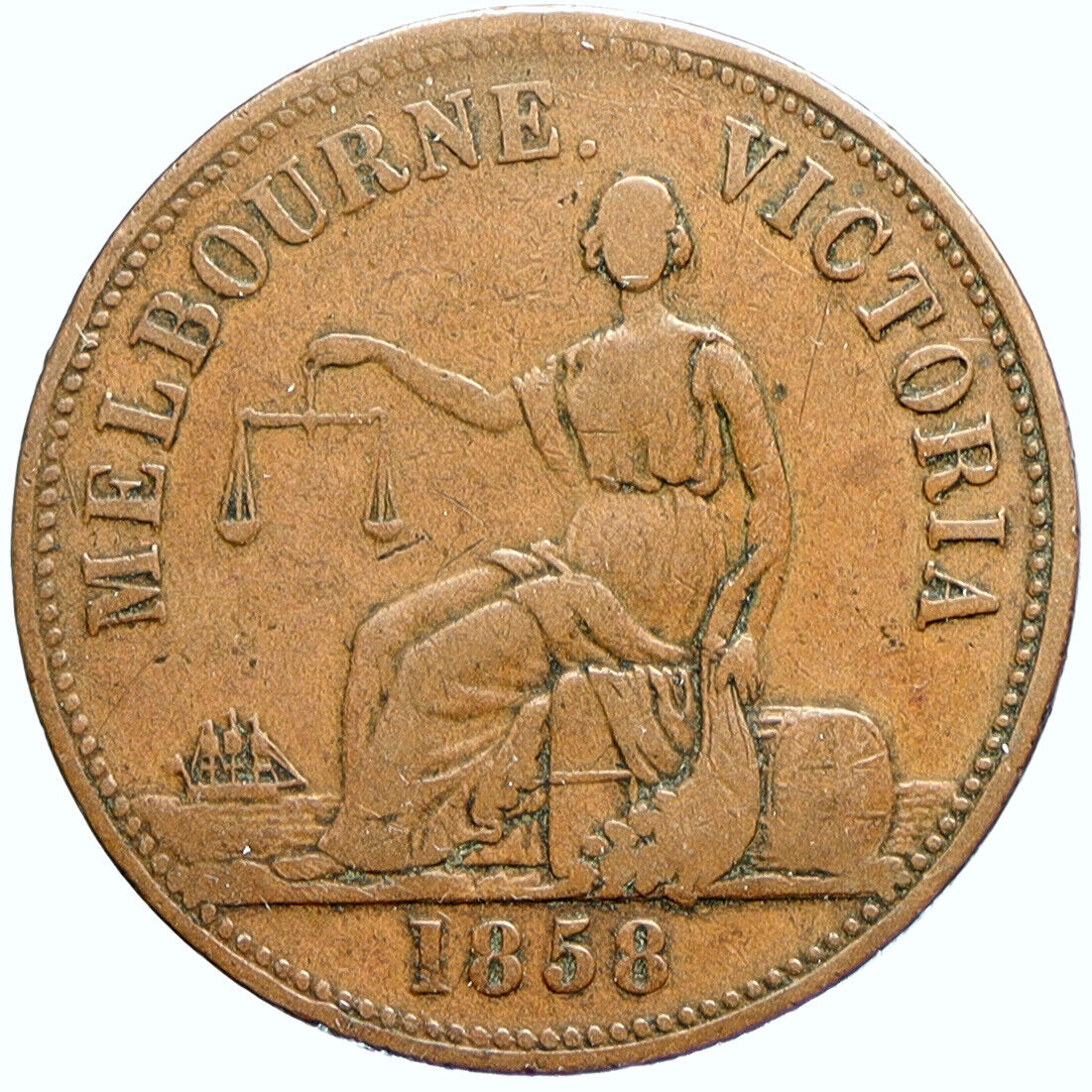 1858 AUSTRALIA Melbourne Victoria HIDE DE CARLE GROCER Penny Trade Token i113336
