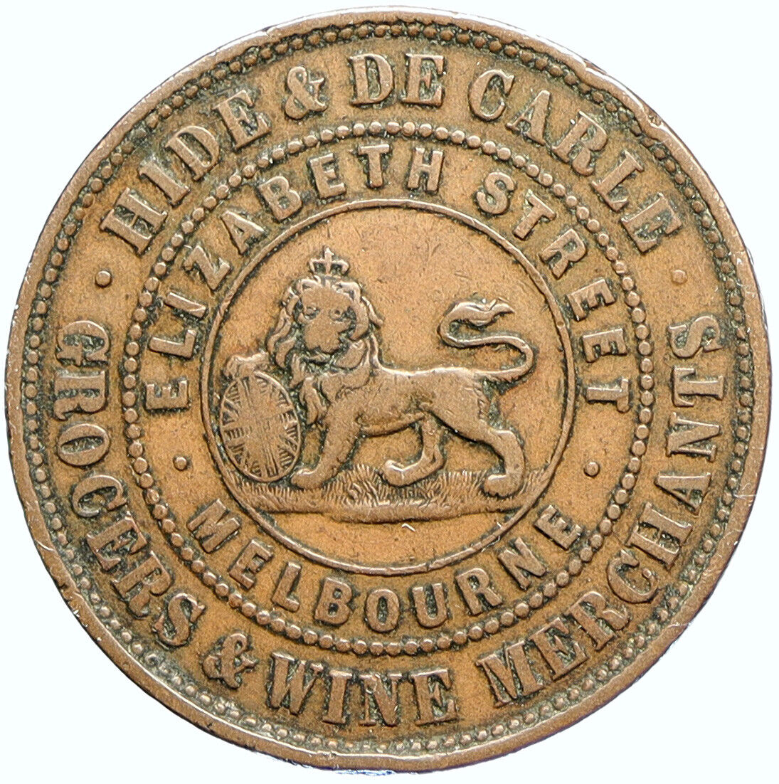 1858 AUSTRALIA Melbourne Victoria HIDE DE CARLE GROCER Penny Trade Token i113336