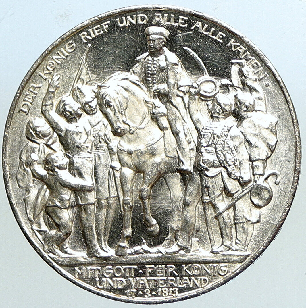 1913 GERMANY William III Prussia War NAPOLEON Rare Silver 3 Mark Coin i113334