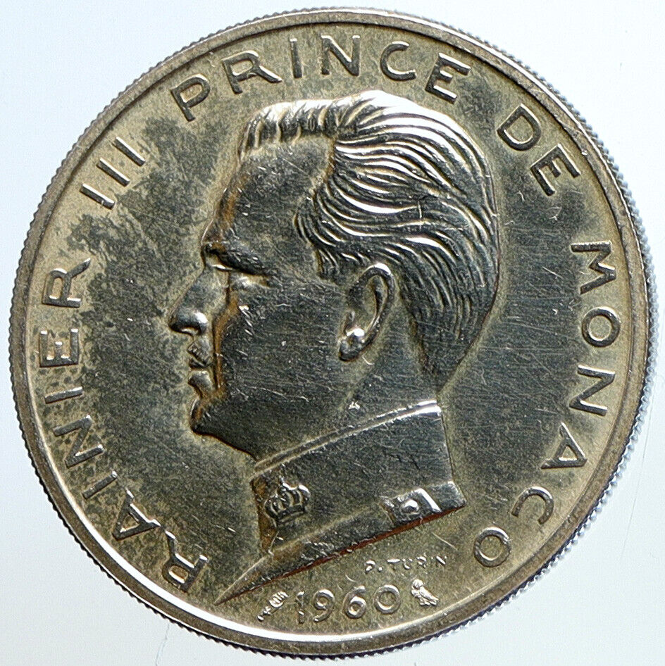 1960 MONACO King Rainier III Crown Old Silver 5 Franc Coin TRIAL STRIKE i113430
