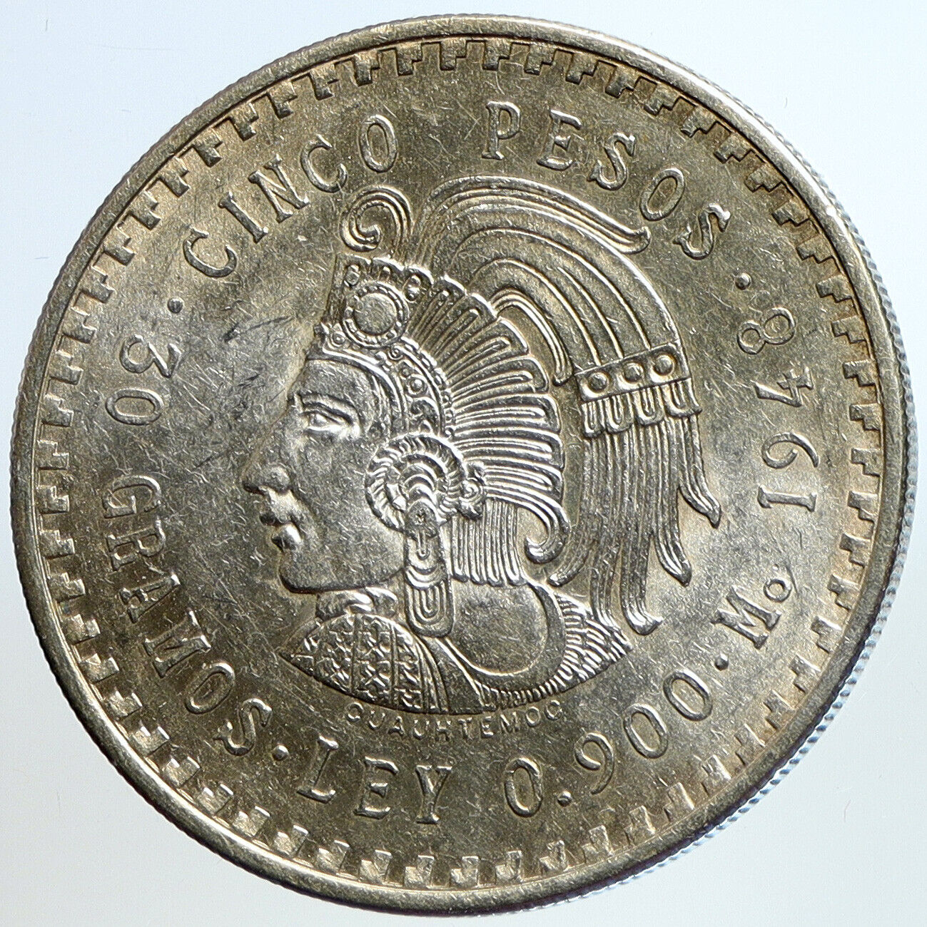 1948 MEXICO Aztec Chieftain CUAUHTEMOC Eagle VINTAGE Silver 5 Peso Coin i113427