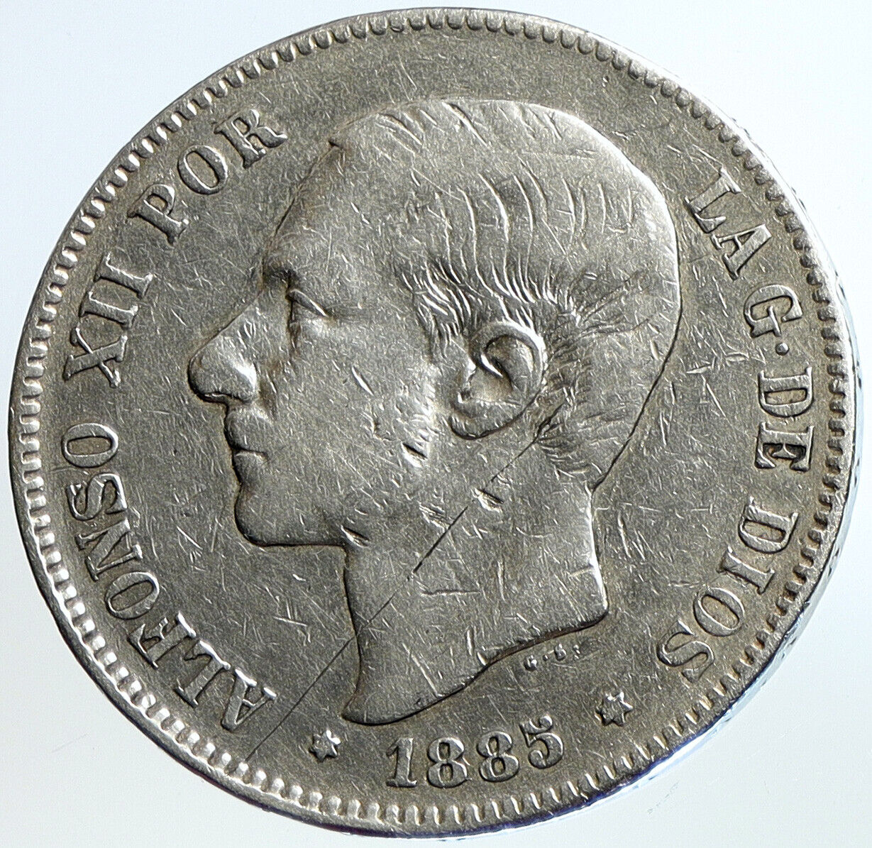 1885 SPAIN w King ALFONSO XII Antique OLD SPANISH Silver 5 Pesetas Coin i113440