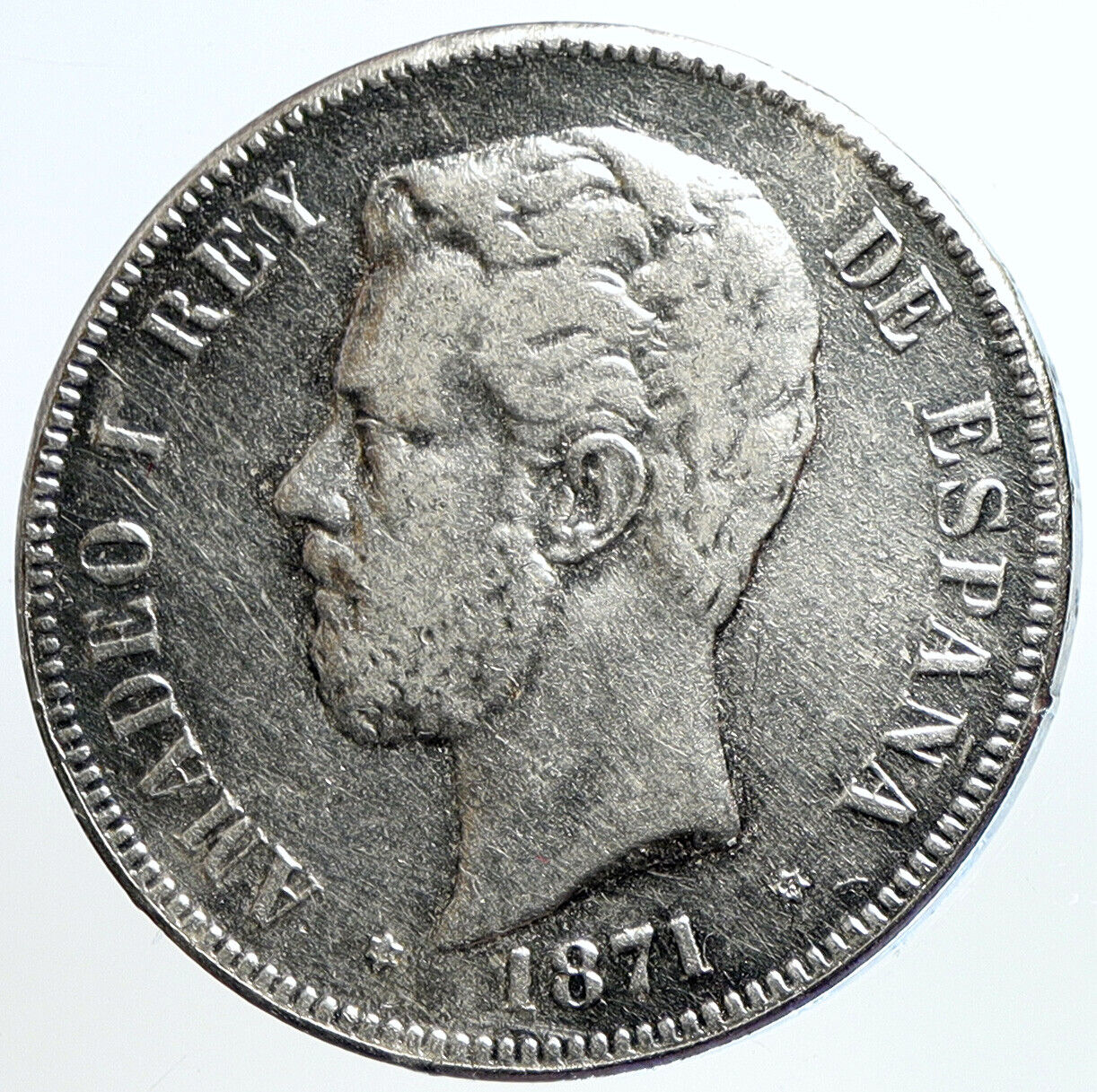 1871 SPAIN w King Amadeo I Amadeus Antique Silver 5 Pesetas Spanish Coin i113441