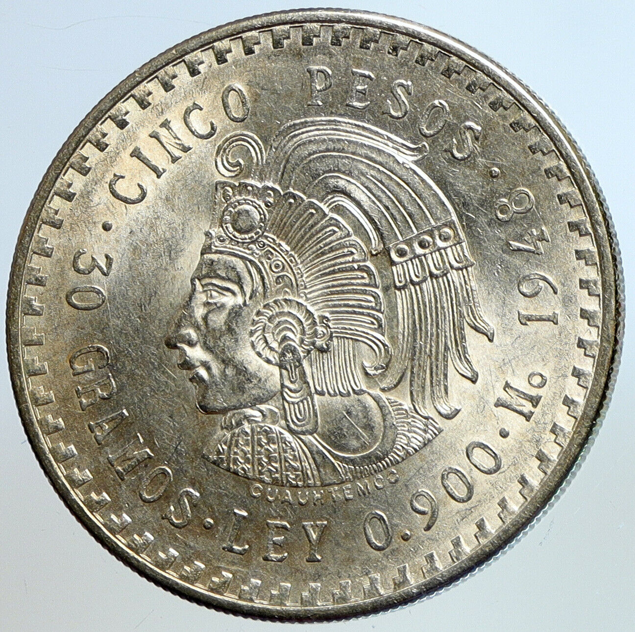 1948 MEXICO Aztec Chieftain CUAUHTEMOC Eagle VINTAGE Silver 5 Peso Coin i113447