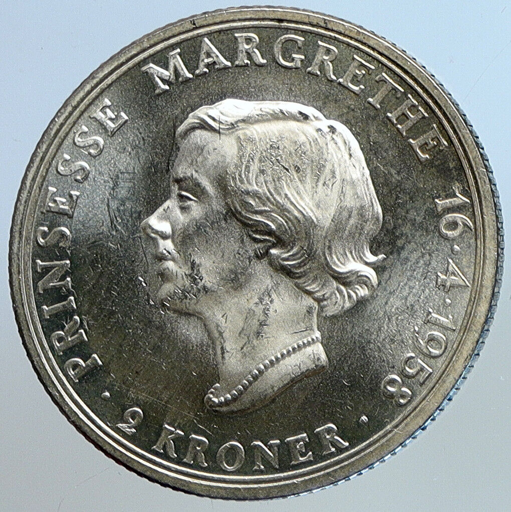 1958 DENMARK Frederick IX Princess Margrethe OLD Silver 2 Kroner Coin i113411