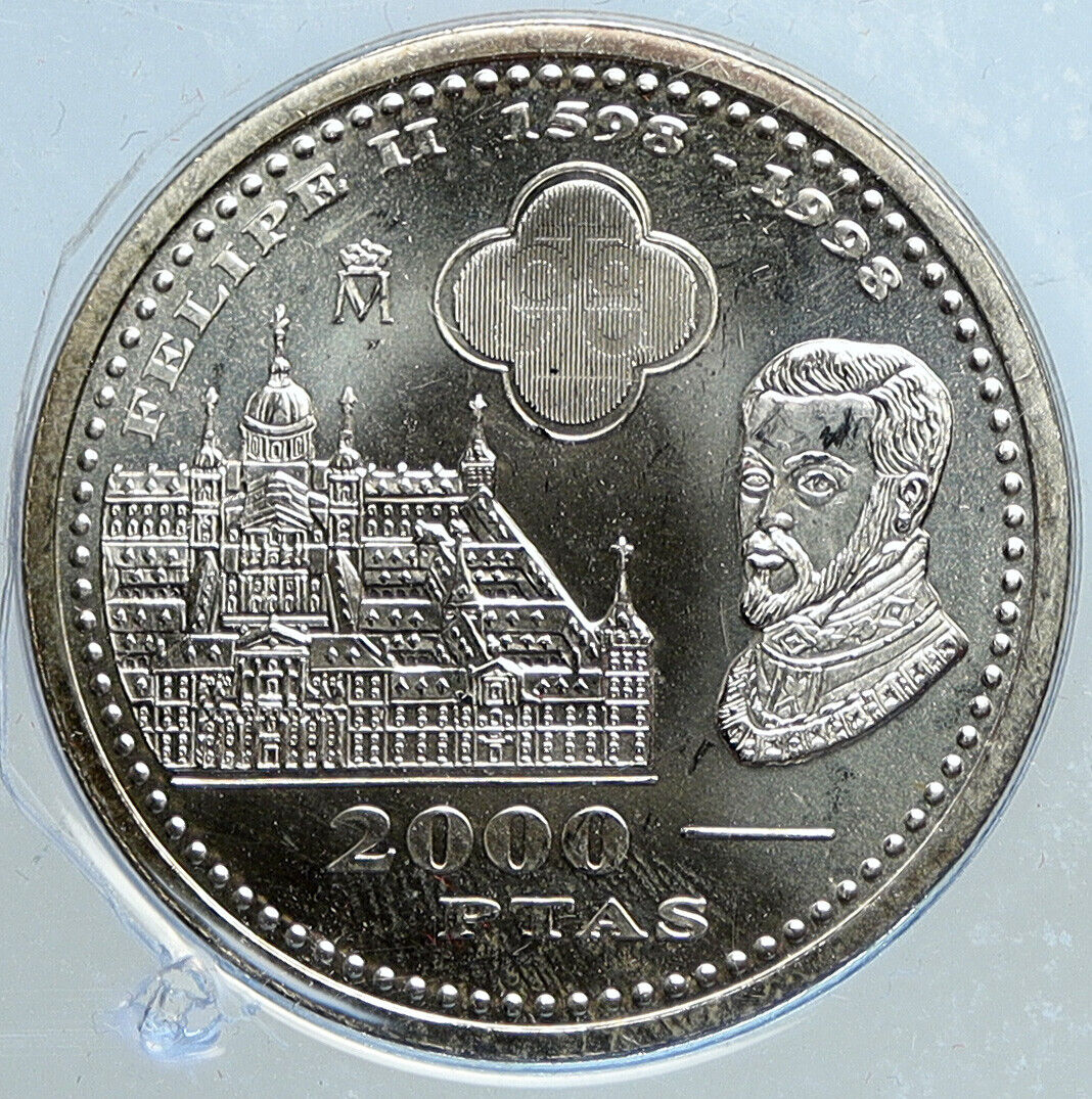 1998 SPAIN JUAN CARLOS I Philip II & Escorial Silver 2000 Pesetas Coin i113451