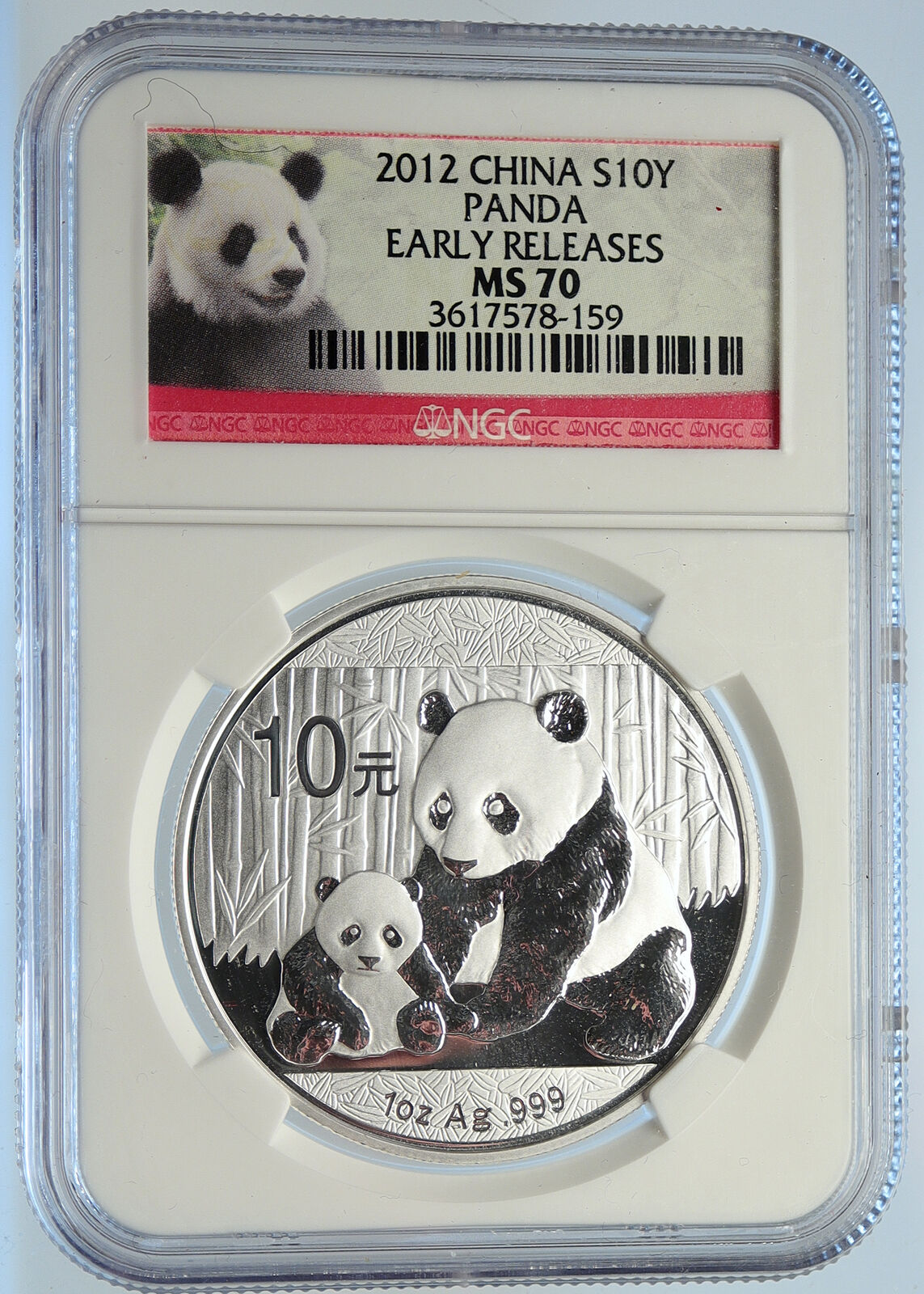 2012 CHINA PANDA MOM CUB Heaven Temple Silver 10 Yuan Chinese Coin NGC i113453