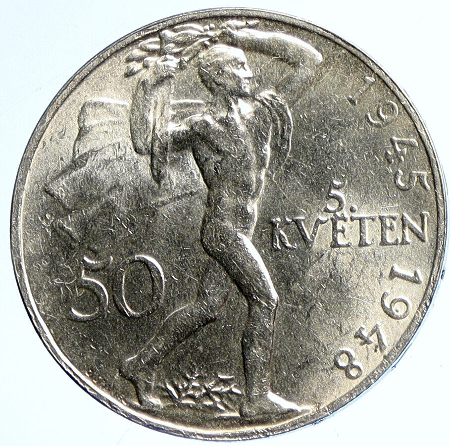 1948 CZECH REPUBLIC Lion & Liberator Man Vintage Silver 50 Korun Coin i112827