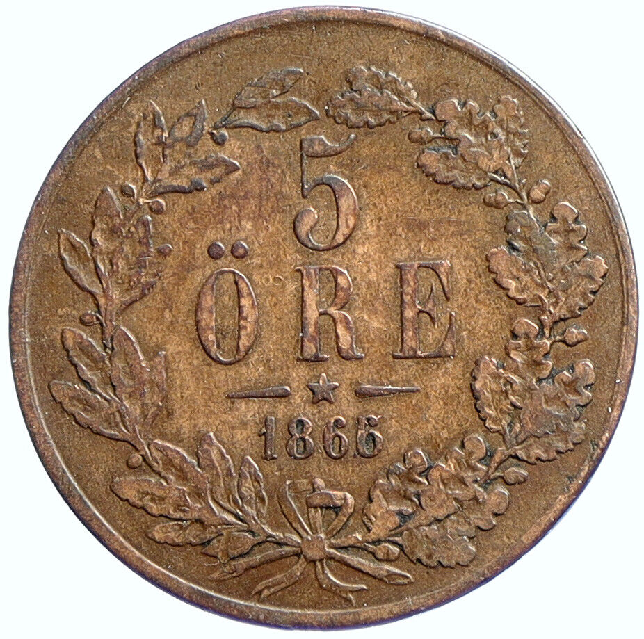 1866 Sweden KING CHARLES XV Wreath Swedish Antique ANTIQUE 5 Öre Coin i112833