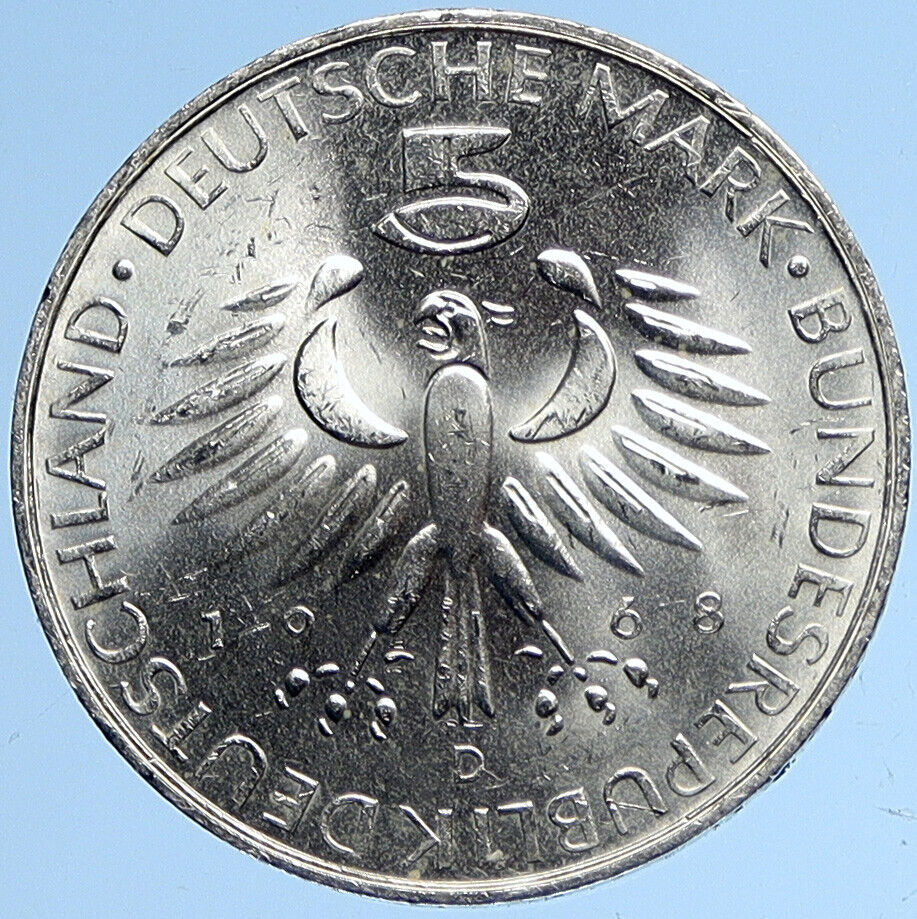 1968 D GERMANY Chemist Hygienist Max Pettenkofer OLD Silver 5 Mark Coin i112838