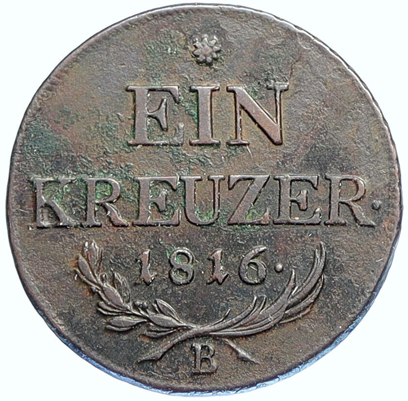 1816 B AUSTRIA Emperor FRANZ Francis II Antique 1 Kreuzer Austrian Coin i112846