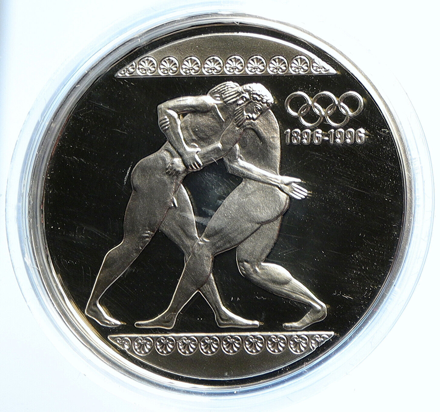 1996 GREECE OLYMPICS 100Y Ancient Wrestling Proof Silver 1000 Drach Coin i112875