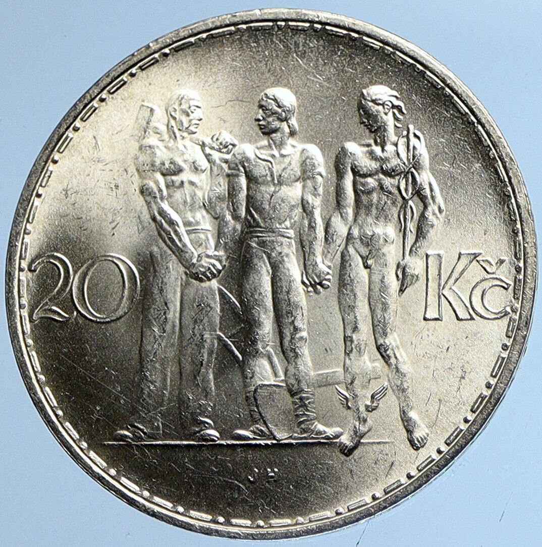 1934 CZECHOSLOVAKIA Industry Agriculture Business Silver 20 Korun Coin i112900