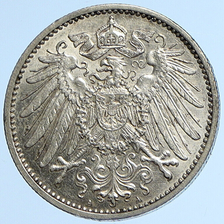 1915 A GERMANY WILHELM II Eagle Antique German Empire Silver 1 Mark Coin i112893