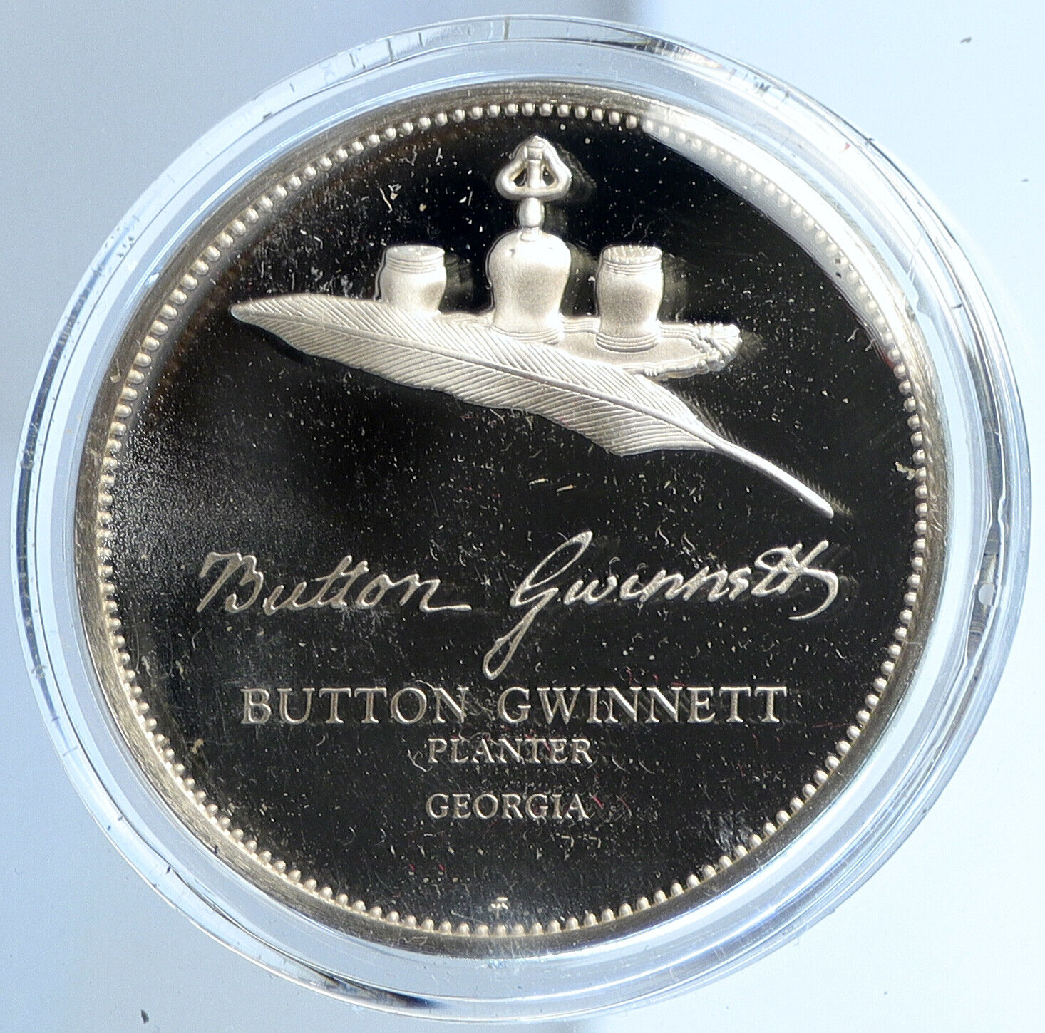 1975 US USA FM Button Gwinnett BICENTENNIAL COUNCIL Proof Silver Medal i112947