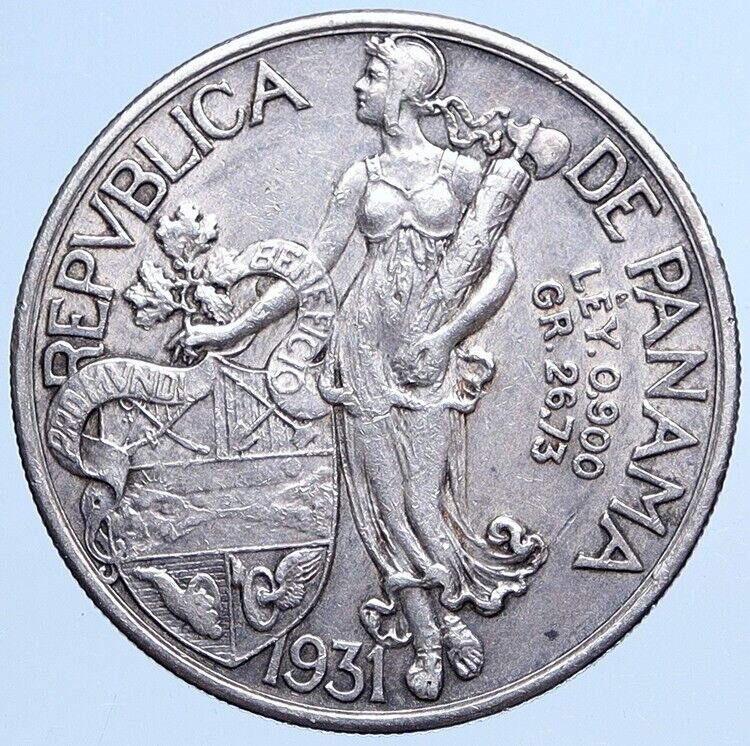 1931 PANAMA Large CONQUISTADOR BALBOA Liberty Vintage OLD Silver Coin i113487