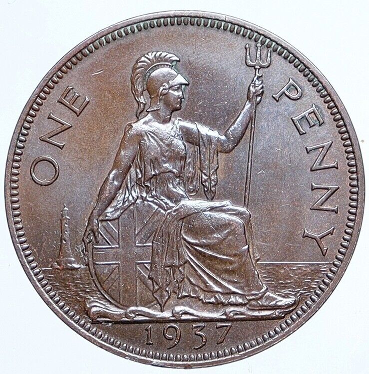 1937 United Kingdom Great Britain King GEORGE VI & BRITANNIA Penny Coin i113493