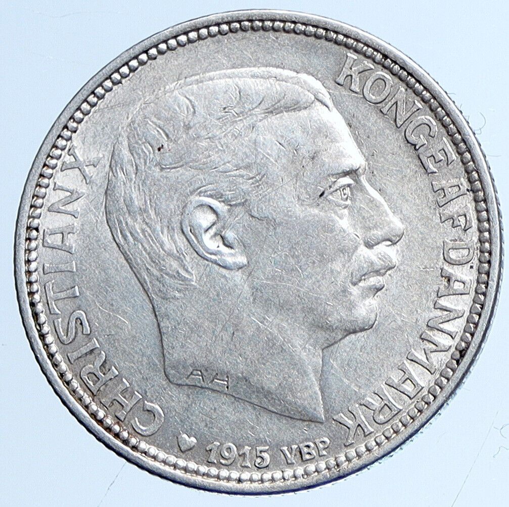 1915 DENMARK Kings CHRISTIAN X Dolphin OLD Vintage Silver 2 Kroner Coin i113526