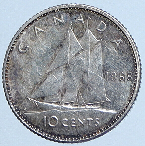 1968 CANADA Queen ELIZABETH II BLUENOSE SHIP Old Silver 10 Cents Coin i113578