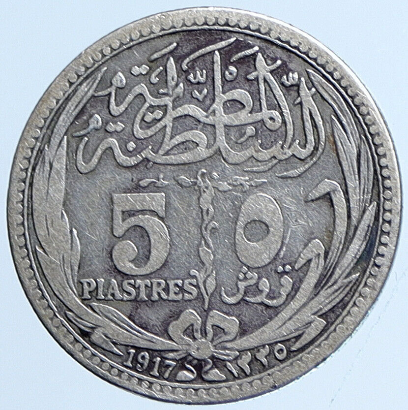 1917 EGYPT Sultan Hussein Kamil ANTIQUE Silver 5 Piastres Egyptian Coin i113576